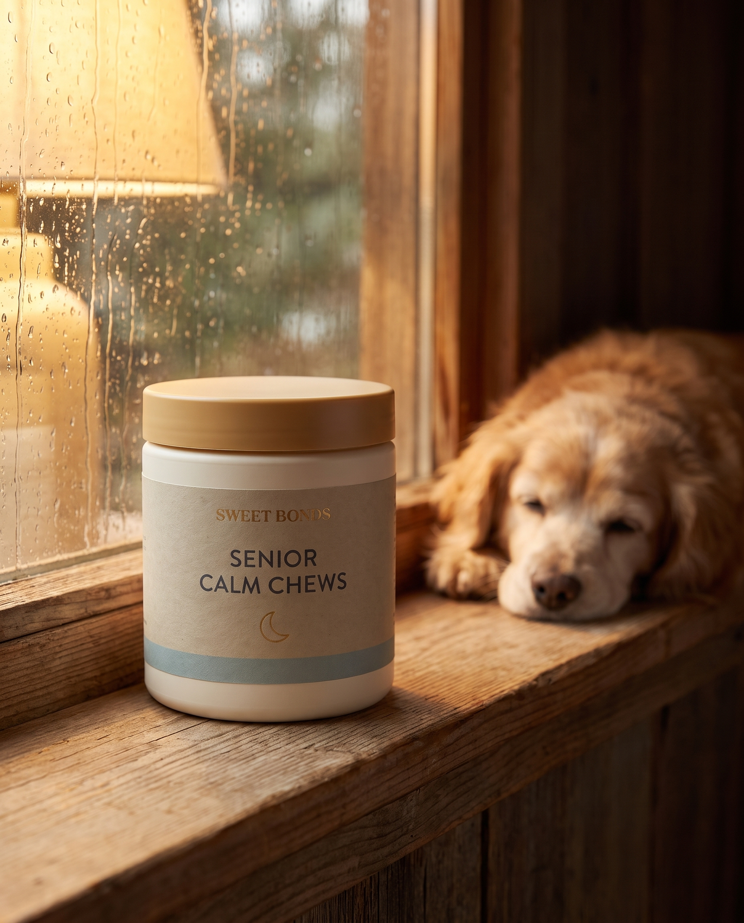 Senior Calm Chews jar on windowsill during rain