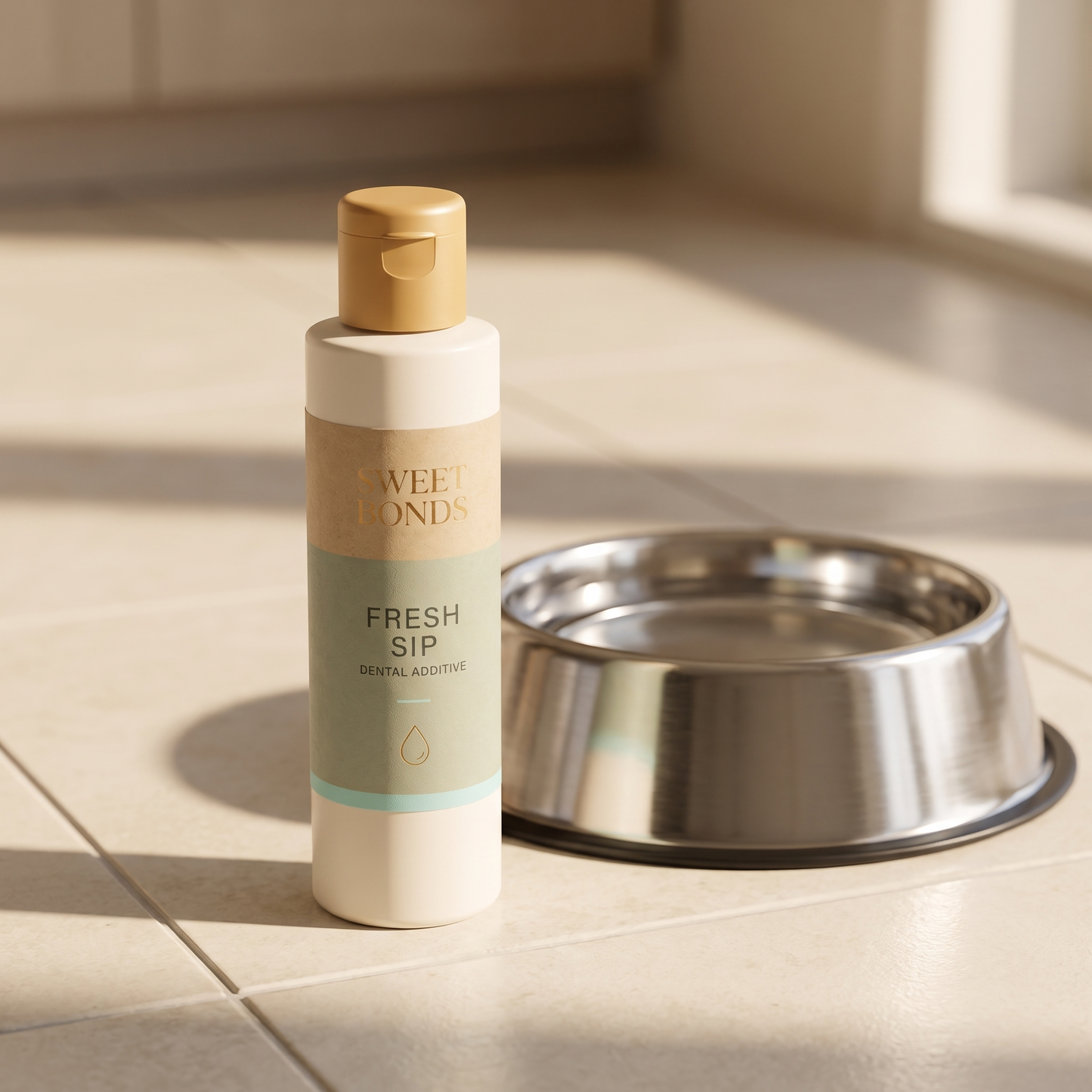 Fresh Sip dental additive bottle beside a stainless steel water bowl