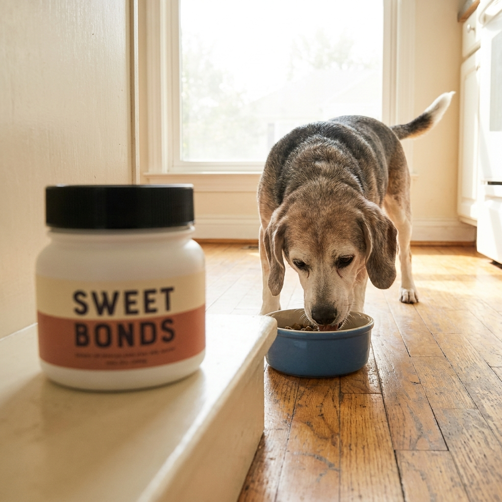 Senior beagle eating comfortably with Senior Gut Probiotic nearby