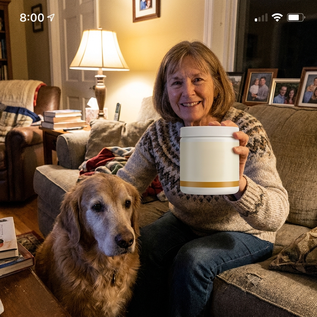 Owner and her senior golden retriever at home