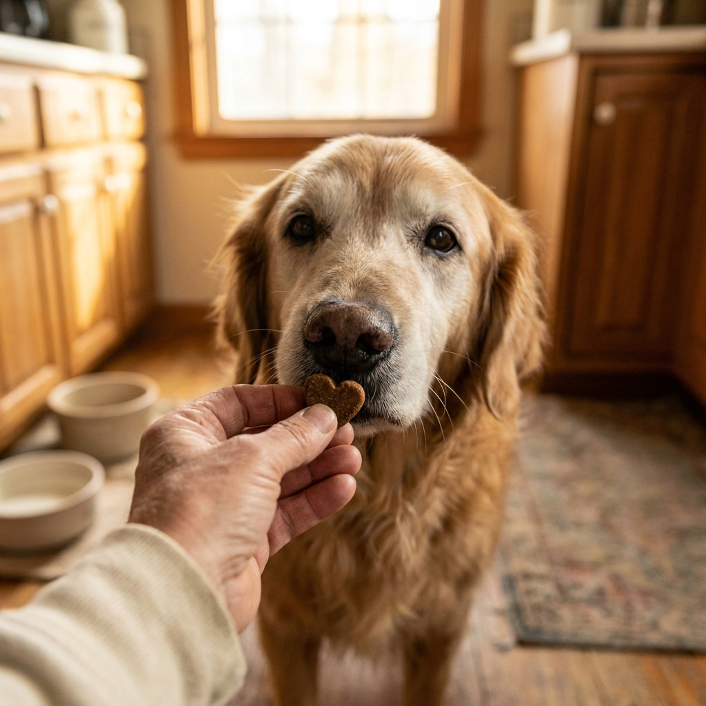Giving a chew to a senior dog