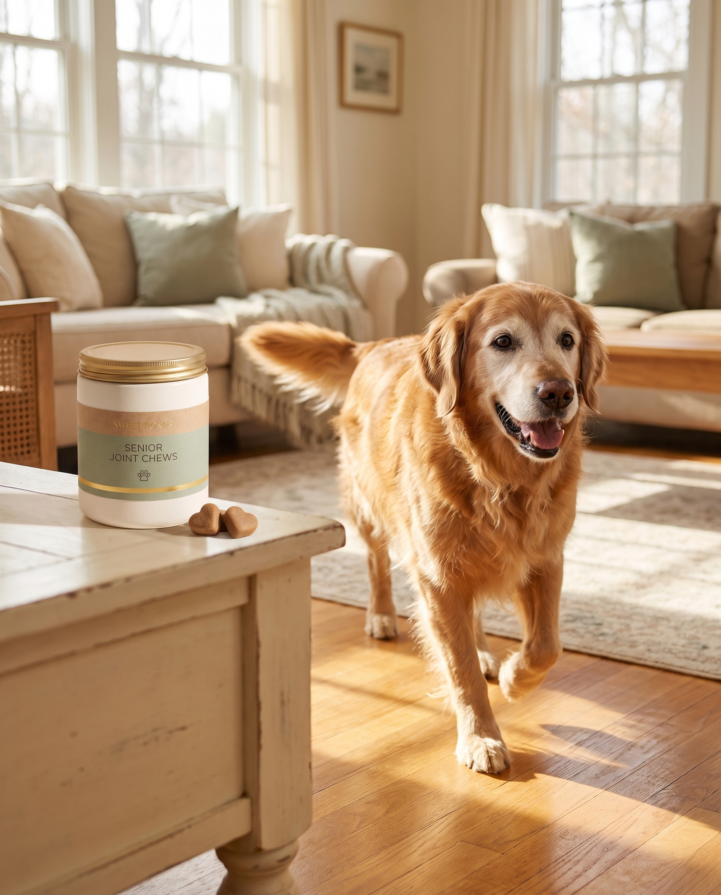 Senior golden retriever moving with ease beside Senior Joint Chews