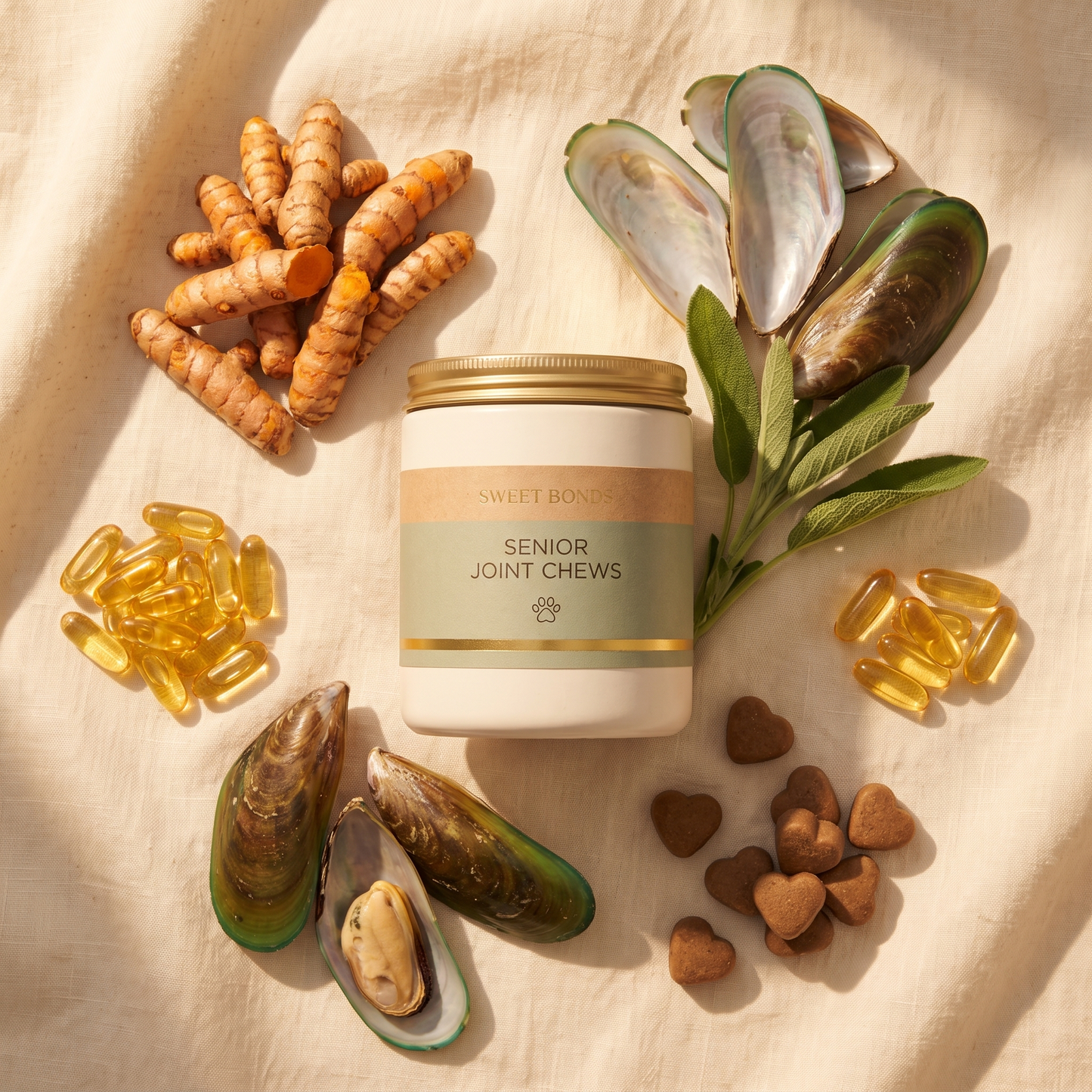 Senior Joint Chews with joint-support ingredients flat-lay