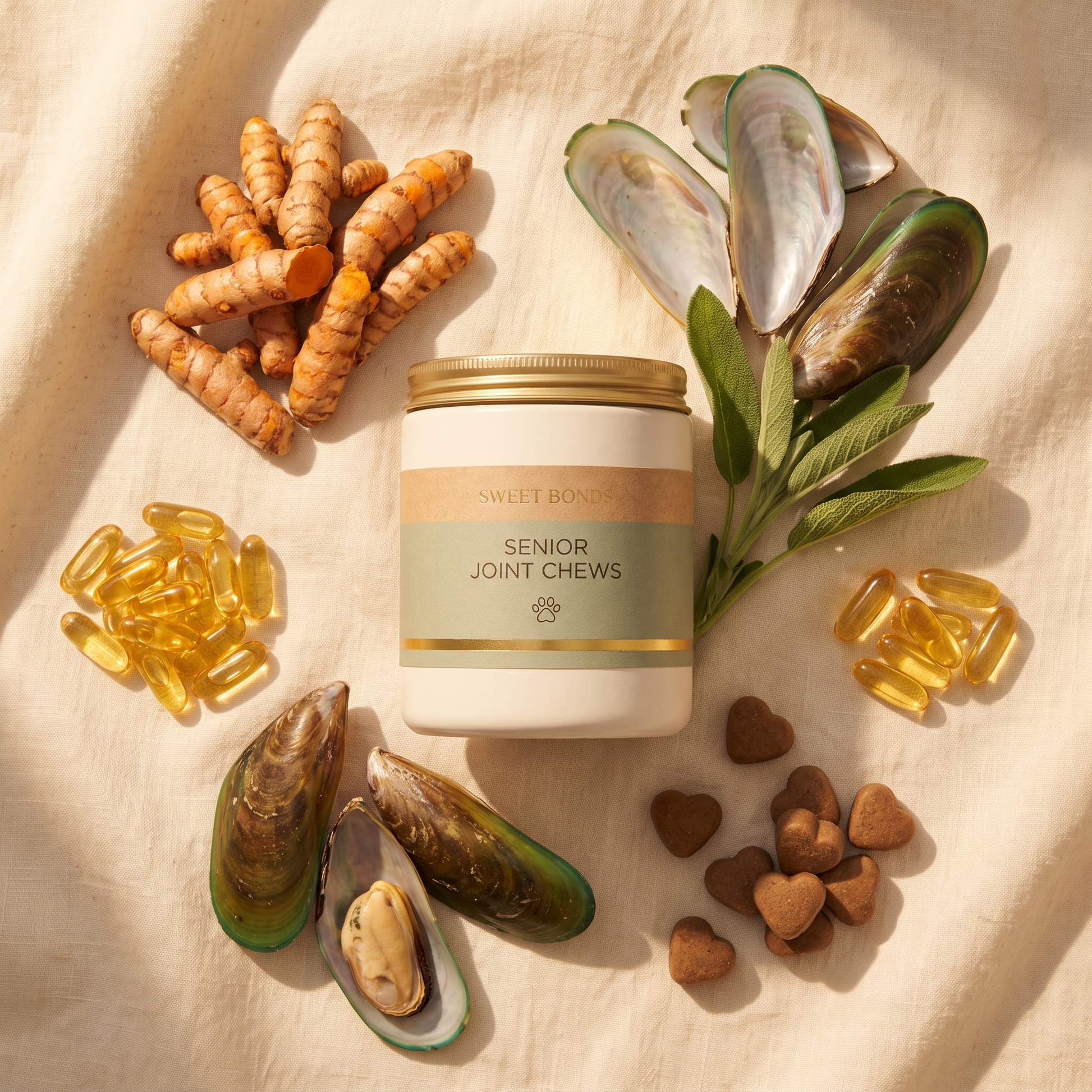 Senior Joint Chews with joint-support ingredients flat-lay