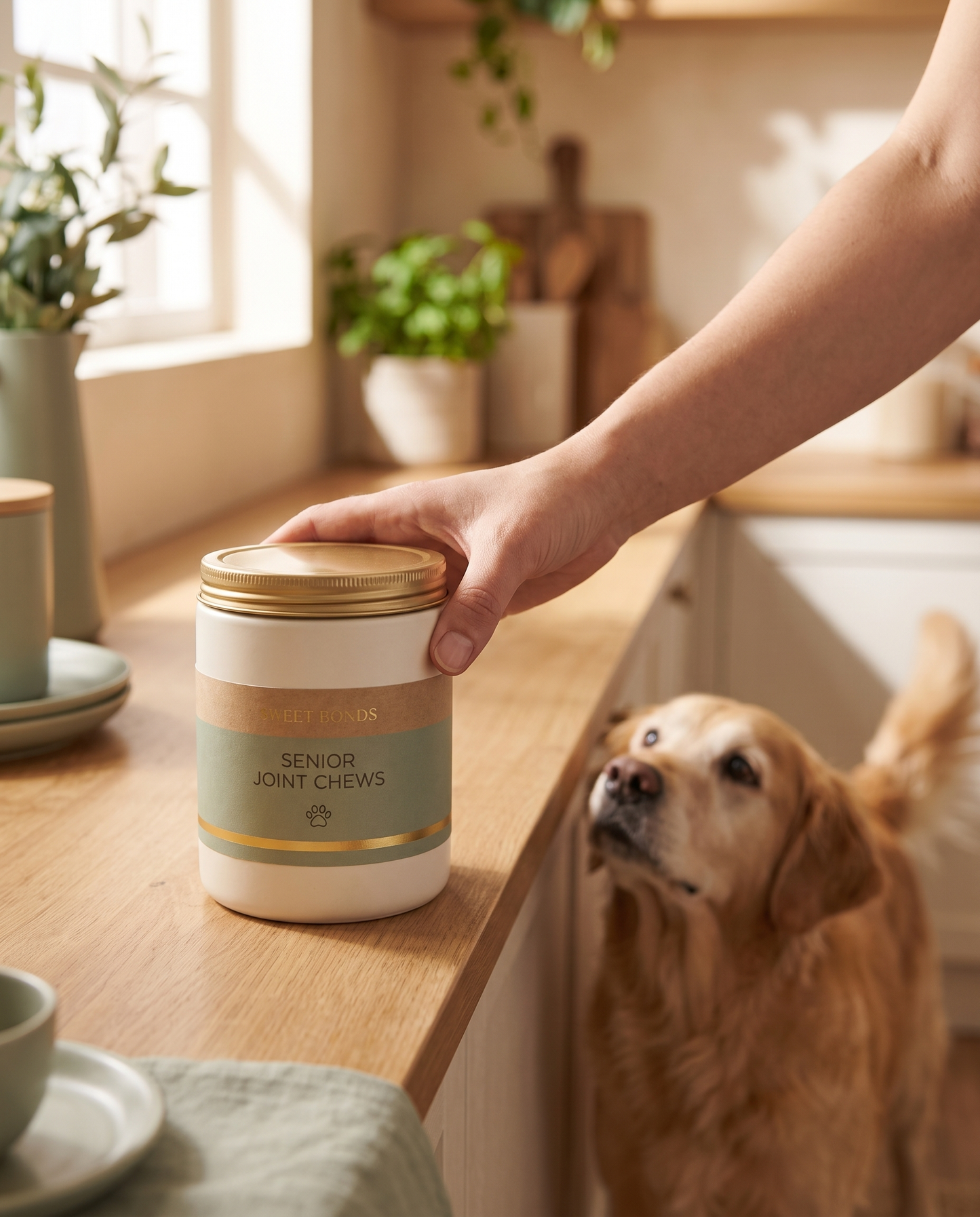 Hand holding Senior Joint Chews jar in kitchen with senior dog