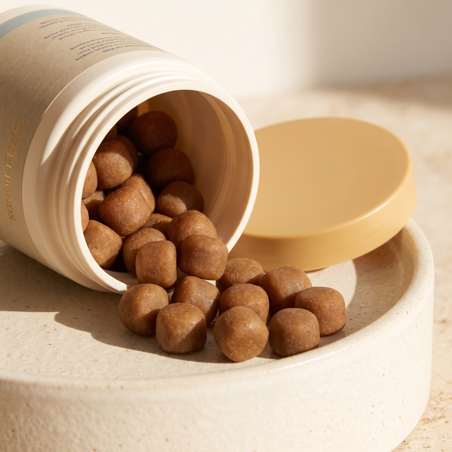 Senior Calm Chews jar with soft chews spilling out