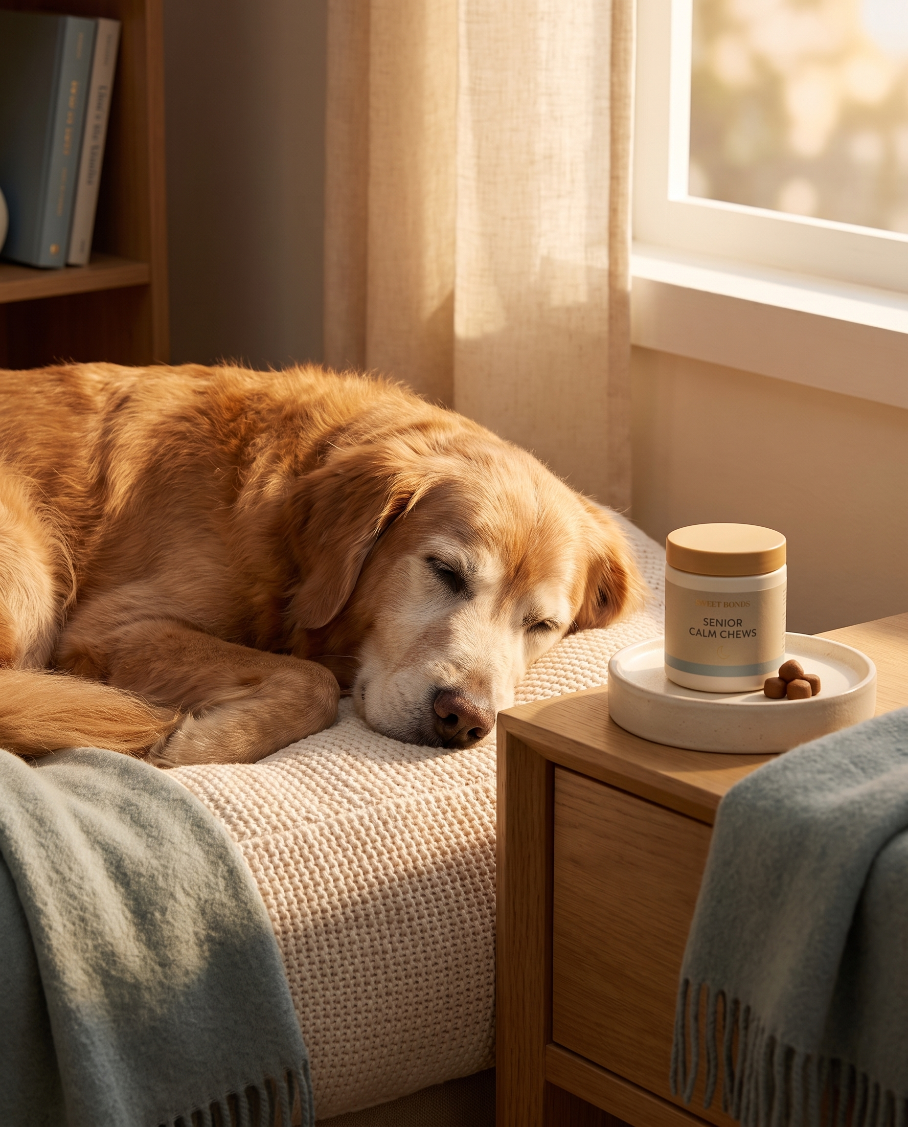 Senior dog sleeping peacefully beside Senior Calm Chews