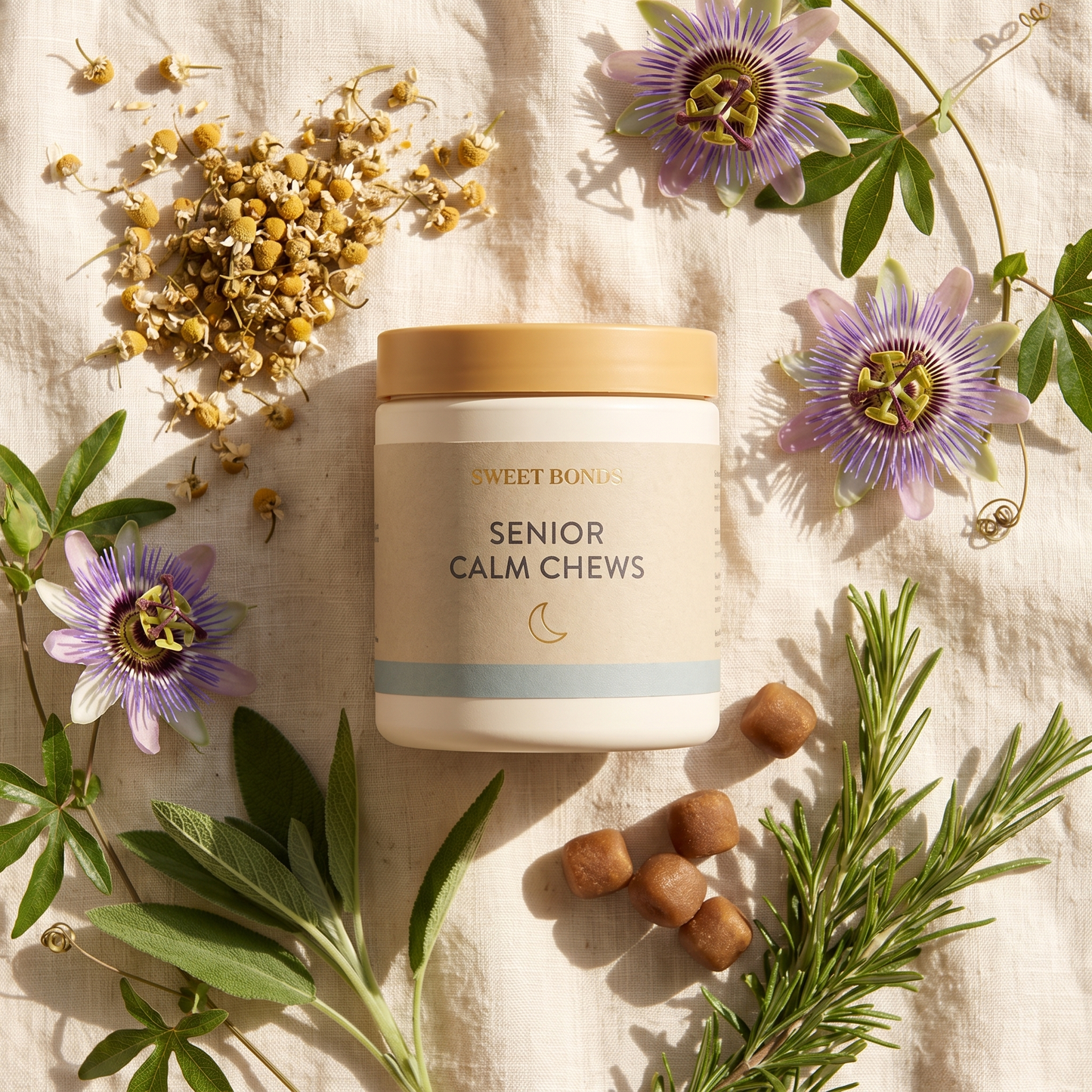 Senior Calm Chews with chamomile and passionflower flat-lay