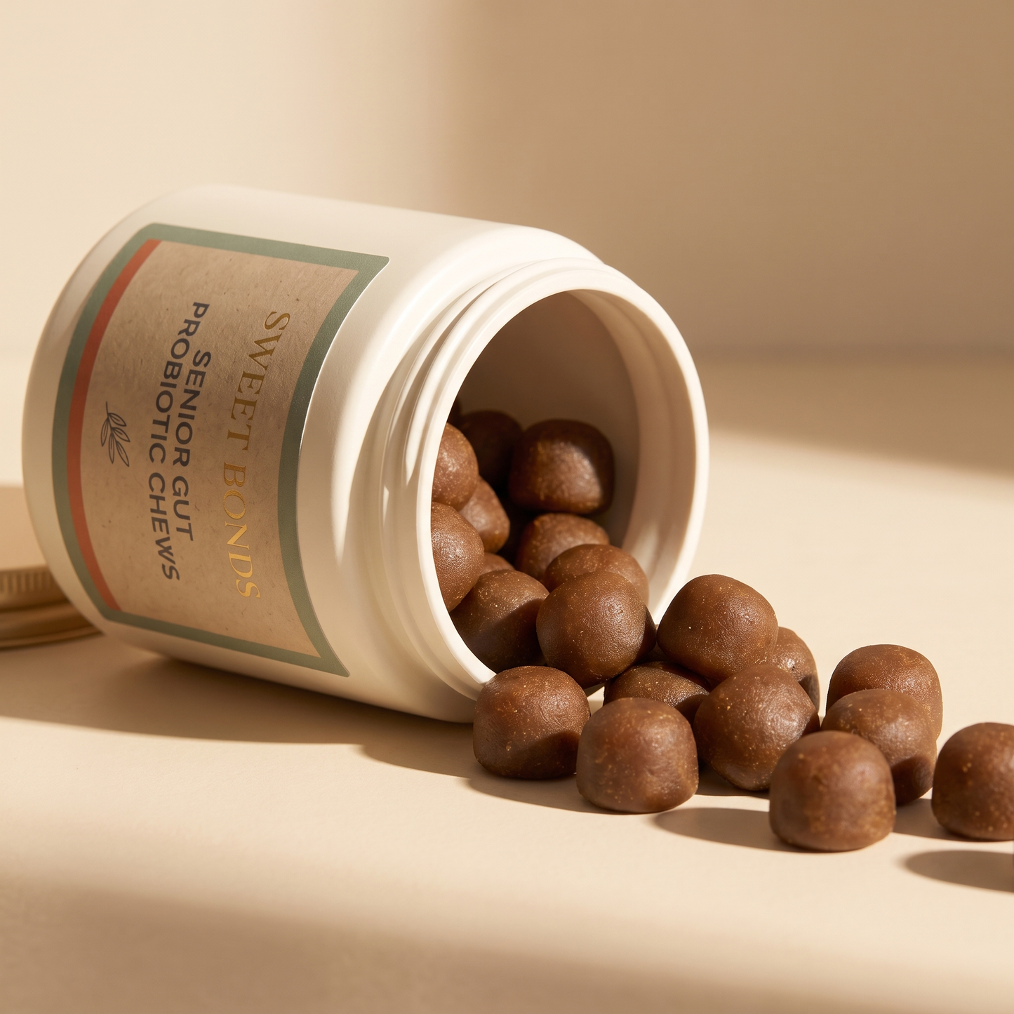 Senior Gut Probiotic Chews jar with soft chews spilling out