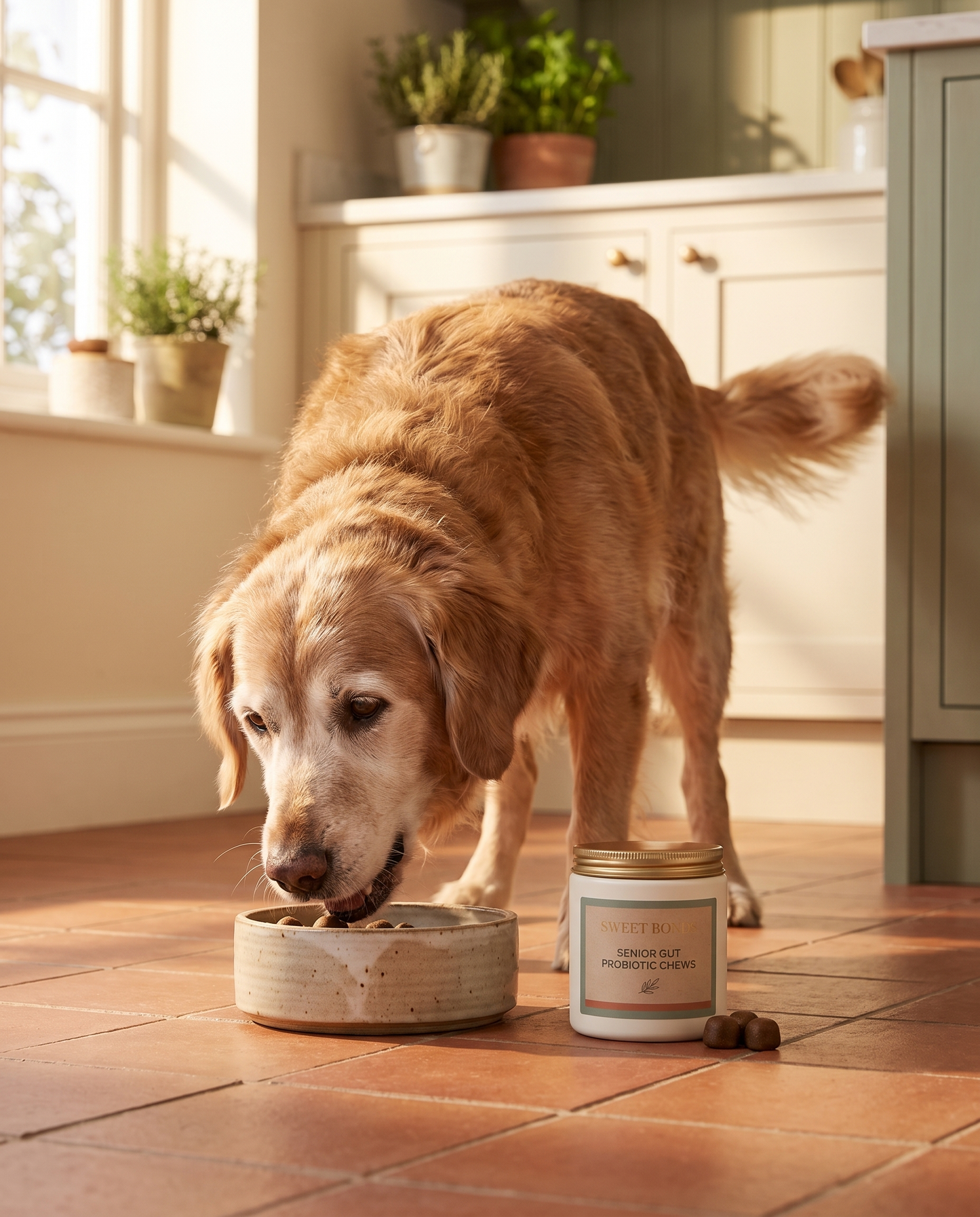Senior dog eating from a bowl beside Senior Gut Probiotic Chews