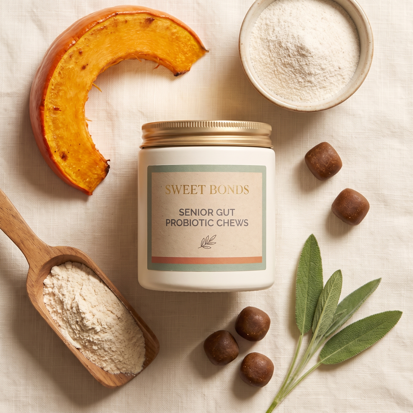 Senior Gut Probiotic Chews with pumpkin and probiotic ingredients flat-lay