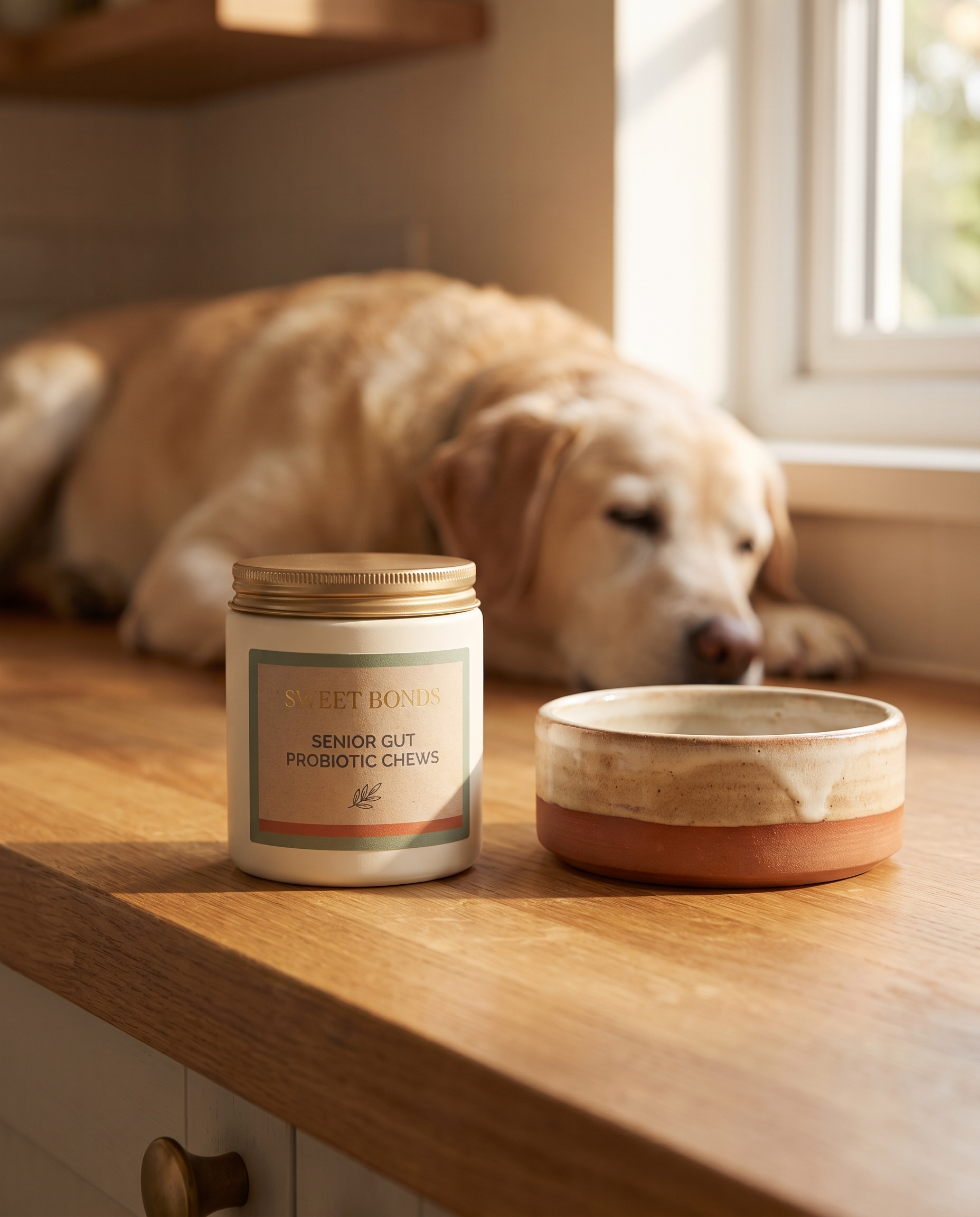 Senior Gut Probiotic Chews jar on kitchen counter beside dog bowl