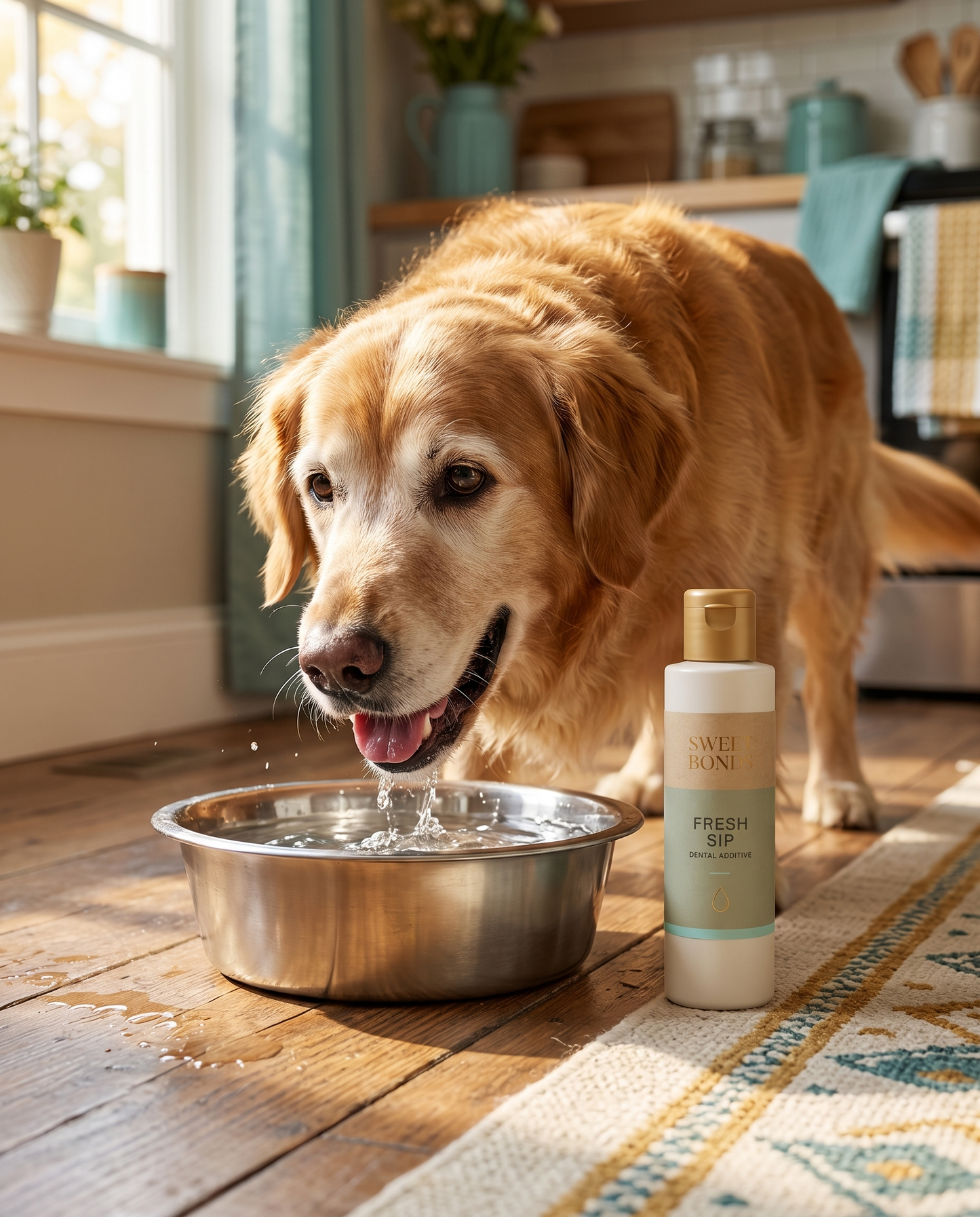 Senior dog drinking from a water bowl beside Fresh Sip dental additive
