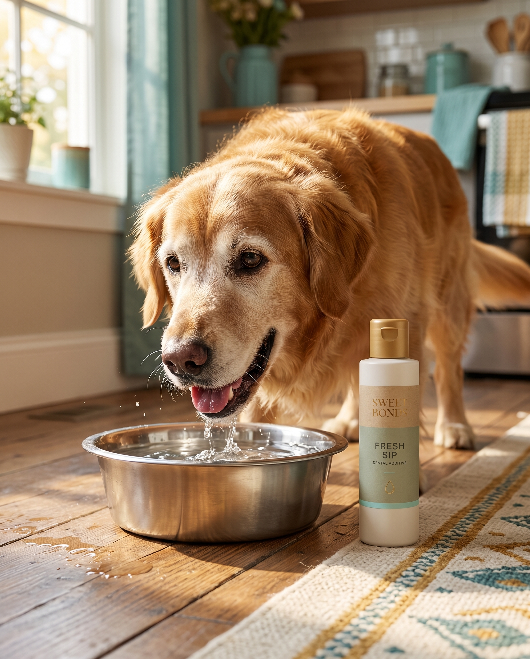 Senior dog drinking from a water bowl beside Fresh Sip dental additive