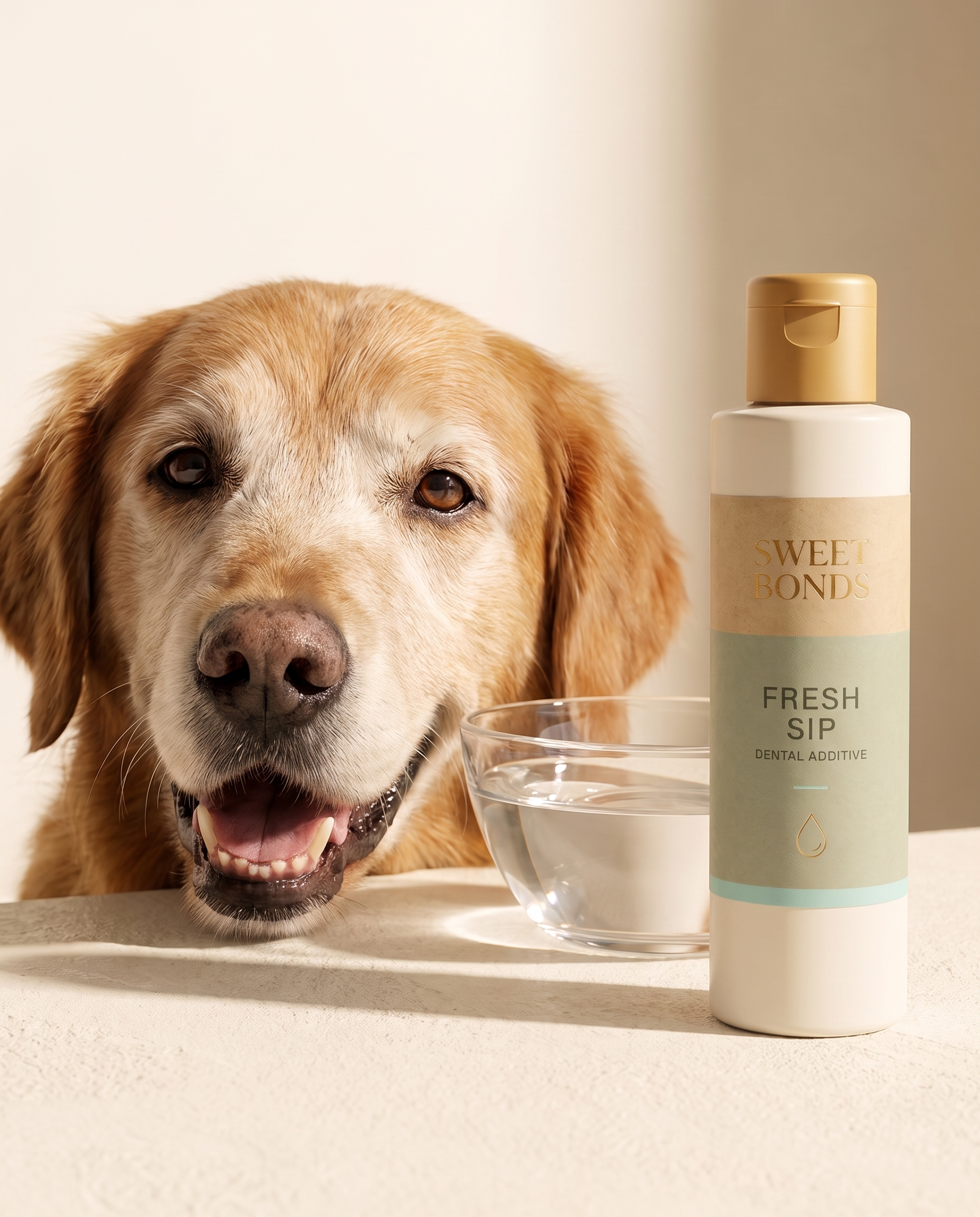 Happy senior dog with a bright smile beside Fresh Sip and a water bowl