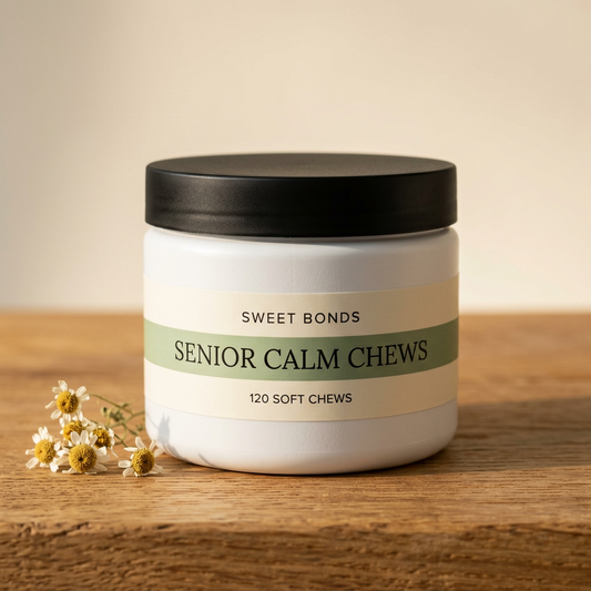 Sweet Bonds Senior Calm Chews jar with chamomile