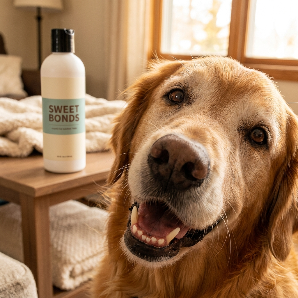 Senior golden retriever at cuddle distance with Fresh Sip nearby