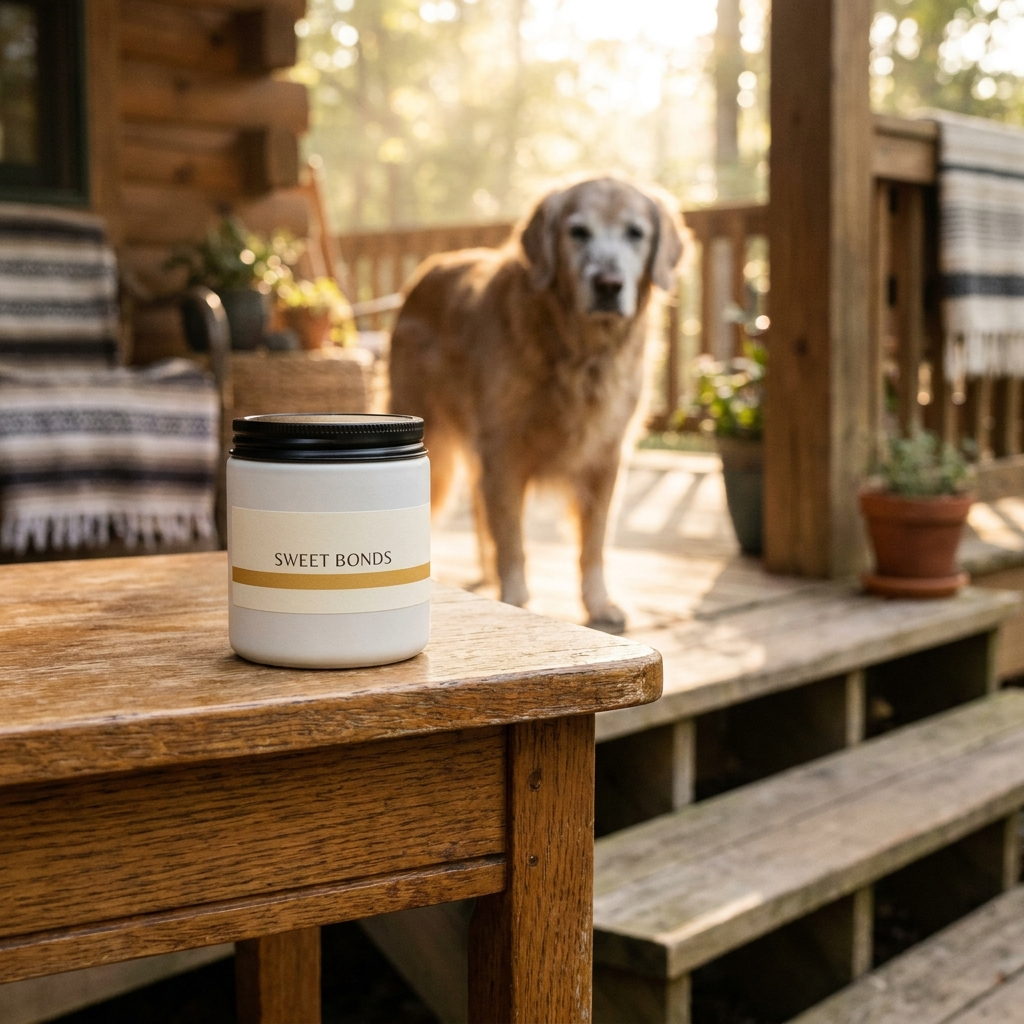 Senior golden retriever at the porch steps with Senior Joint Chews