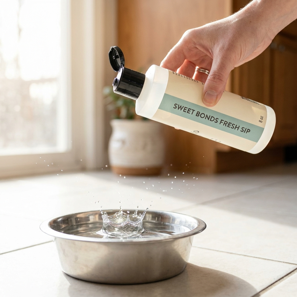 Pouring a capful of Fresh Sip into the water bowl